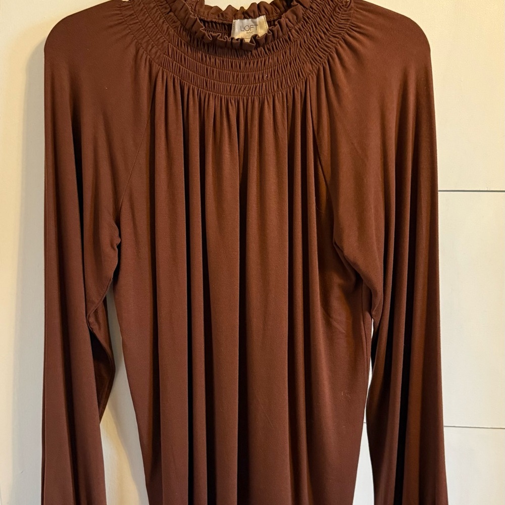 LOFT Chocolate Brown Gathered Neck Blouse